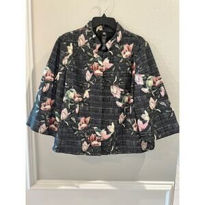 Chico's Black Label Women's Floral Birds Blazer Jacket Size 2 Large 3/4 Sleeve